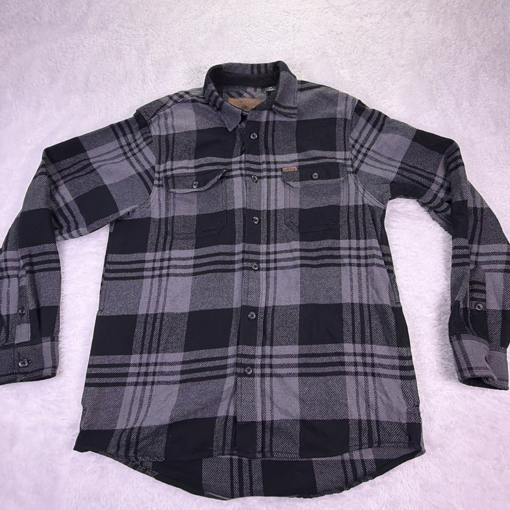 Orvis Heavyweight Flannel Shirt Black & Gray Plaid‎ Men's Medium Pockets